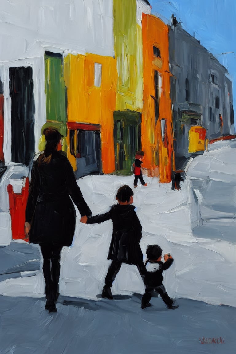 "Create a surreal abstract expressionist painting featuring a woman and her small child crossing a street. Ensure dynamic composition, a clear subject, and contextual clues that work together to tell the story. The overall composition should evoke a sense of worry and fear, with bold, dynamic brush strokes, fully saturated colors, and a focus on emotional intensity and subjective interpretation.", sks style