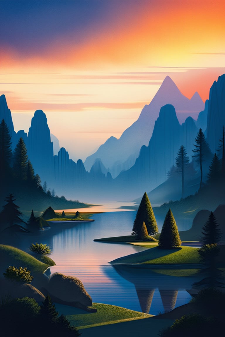 "A breathtaking landscape featuring towering mountains in the background, with an ocean meeting a beach in the foreground. A lush forest surrounds a winding river that flows into a serene lake. Flowers and trees dot the scene, adding bursts of color and texture. The sky is illuminated by the warm glow of a vibrant sunset, while the opposite side hints at the soft hues of a sunrise. The overall scene captures the natural beauty and harmony of these diverse elements in a single, cohesive composition."