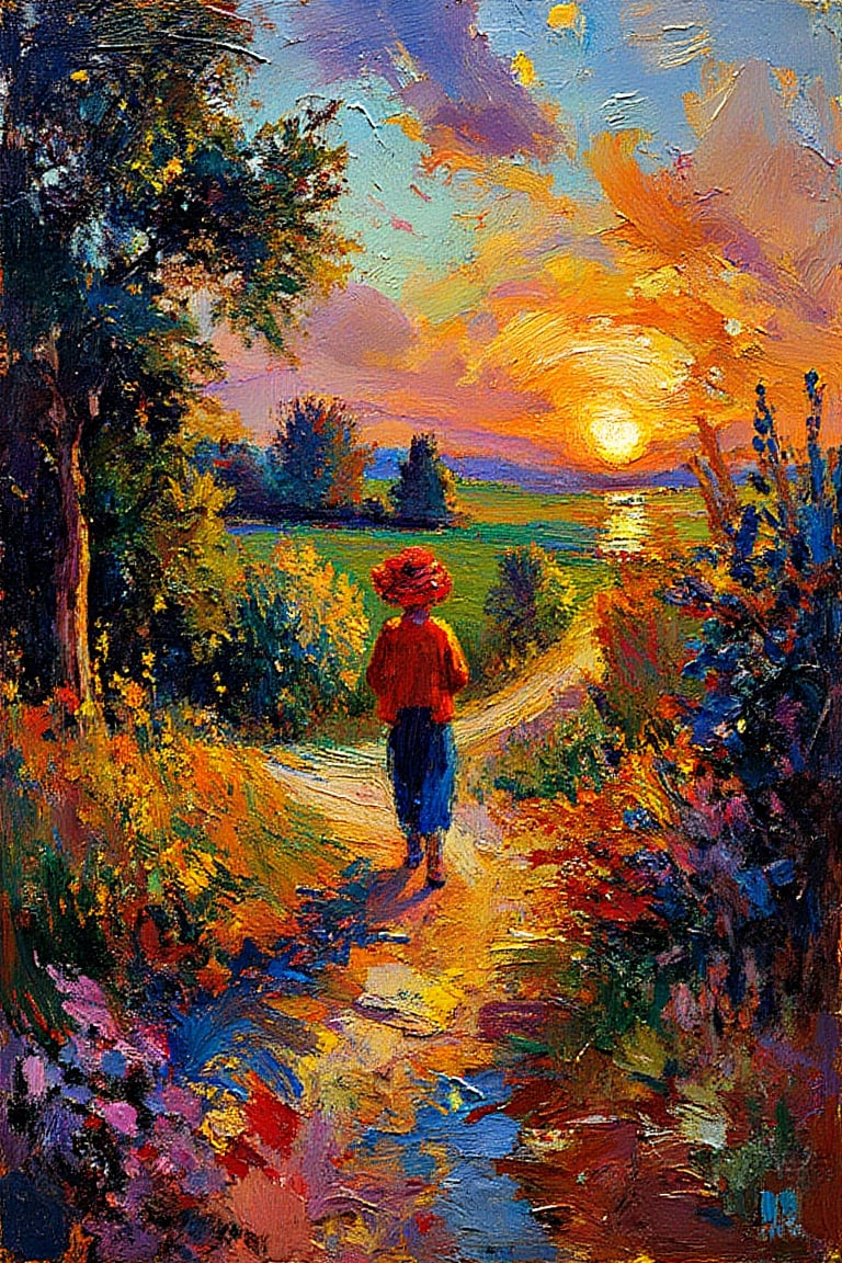 "Create a fine art oil painting inspired by Camille Pissarro, but with elements of Van Gogh's boldness. Depict a vibrant rural landscape with dramatic sunset lighting, casting deep shadows and golden highlights across the scene. The winding path should lead to a striking focal point, such as a large, colorful flower or a prominent figure in vivid clothing. Use expressive brushwork and strong contrasts to enhance the impact, with bright reds, oranges, and deep purples in the sky. The overall atmosphere should evoke a sense of movement, intensity, and the dynamic play of light and color."