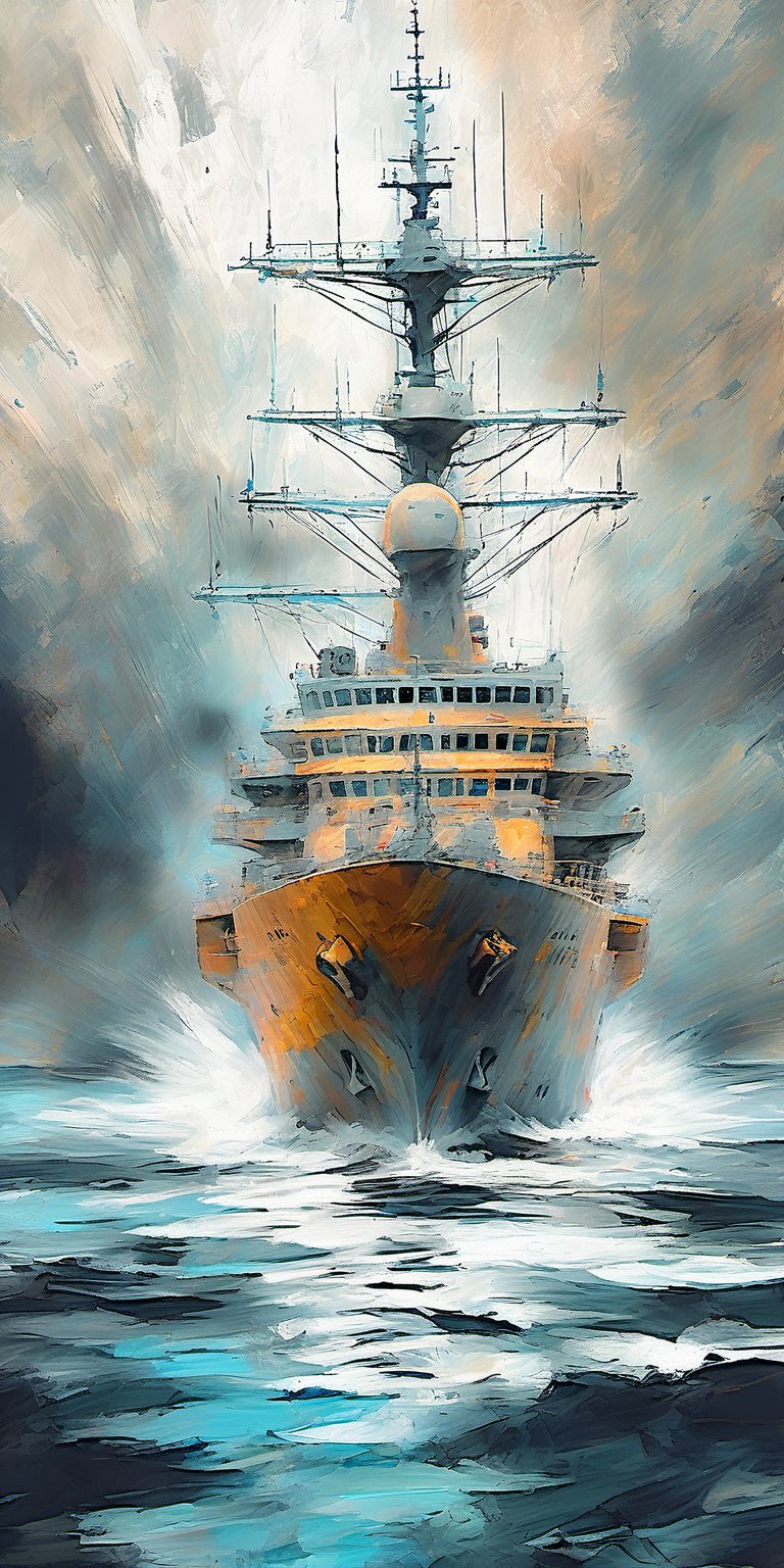 "An imaginative and impressionist depiction of a ripped, tattered, and battle-worn appearance of a large ship, with vibrant, focused brushstrokes capturing every detail. A focused impressionist image where every brushstroke is sharp and clear. Color palette blends muted, earthy tones with vibrant accents, enhancing the depth and atmosphere of the scene. Every detail in the image in sharp focus. Distinct forms and shapes in the background should suggest a military flying drone."