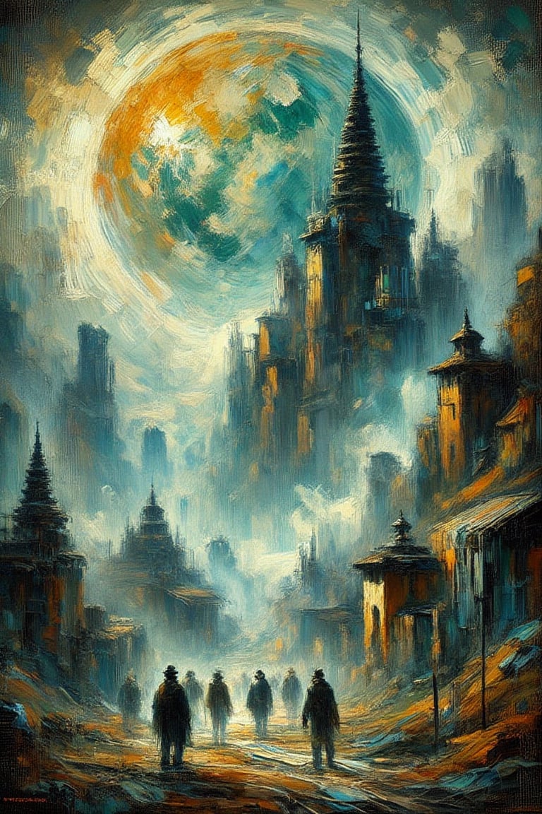 "The overall effect is a blend of impressionism and abstraction, creating a rich, immersive setting that complements the selective focus on the massive moon floating in the foreground. The scene should feature a selective focus on the moon. In contrast, the background should transition into an abstract, painterly environment. The atmosphere should be hazy and diffuse, contributing to an ethereal and somewhat dystopian feel. Indistinct forms and shapes in the background should suggest a tibetan monastery, rendered in a loose, impressionistic style to emphasize mood and atmosphere over detailed realism. Use a muted color palette with cooler tones such as grays, blues, and greens to create depth and atmosphere. Use muted shades of earthy tones to depict worn, weathered and aged appearances. Use muted accents like rusty orange-yellows, and rusty teals to highlight tiny areas and add visual interest. Use this blend of subdued and bold colors to emphasize the gritty nature of the scene."