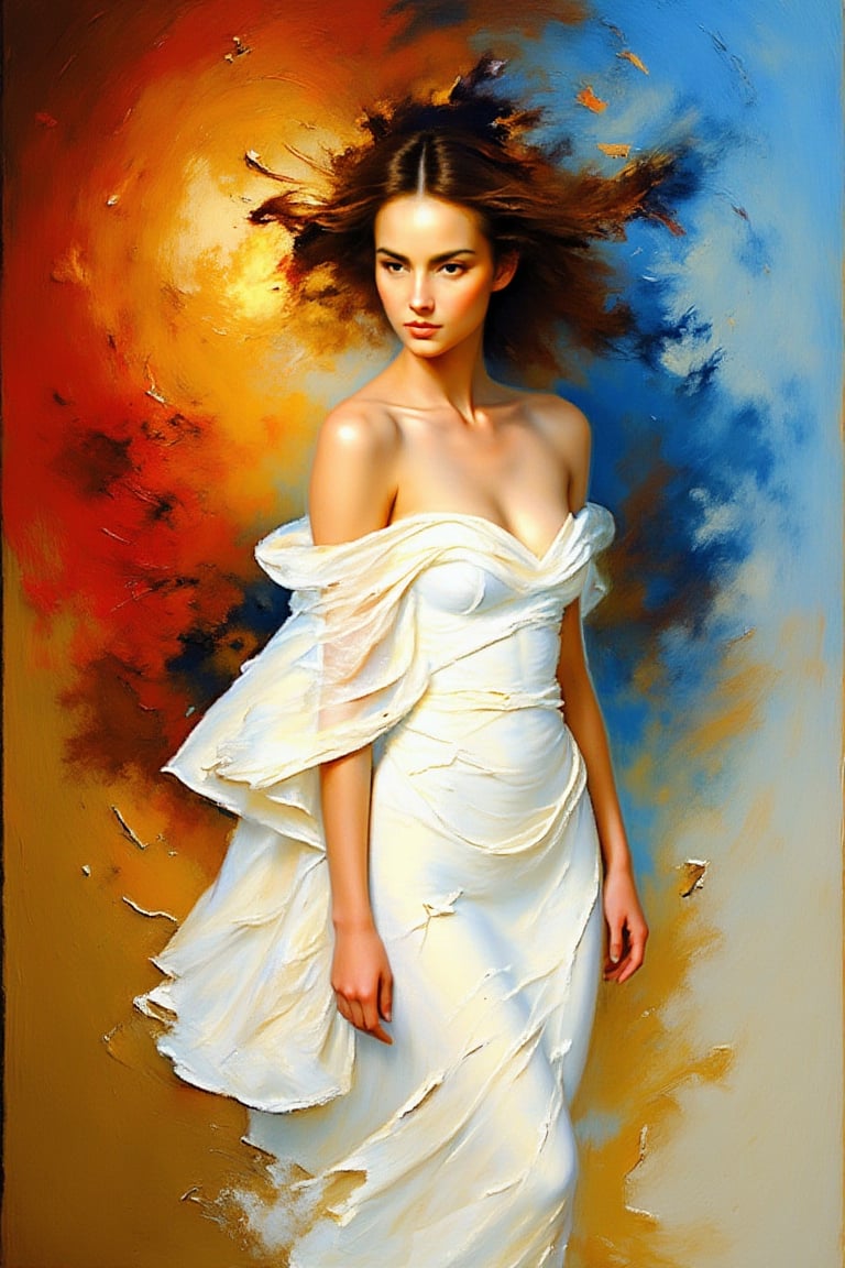 "An abstract, impressionist oil painting of a stunningly beautiful woman wearing a flowing white dress, with vibrant, rich oil paint colors, visible brush strokes, and a dramatic, expressive background. The woman is standing confidently, her dress flowing and textured, with a dynamic and graceful pose. She has striking features, with a serene and captivating expression, looking directly at the viewer with soft, open eyes. The background features bold, contrasting colors, creating a sense of movement and intensity."