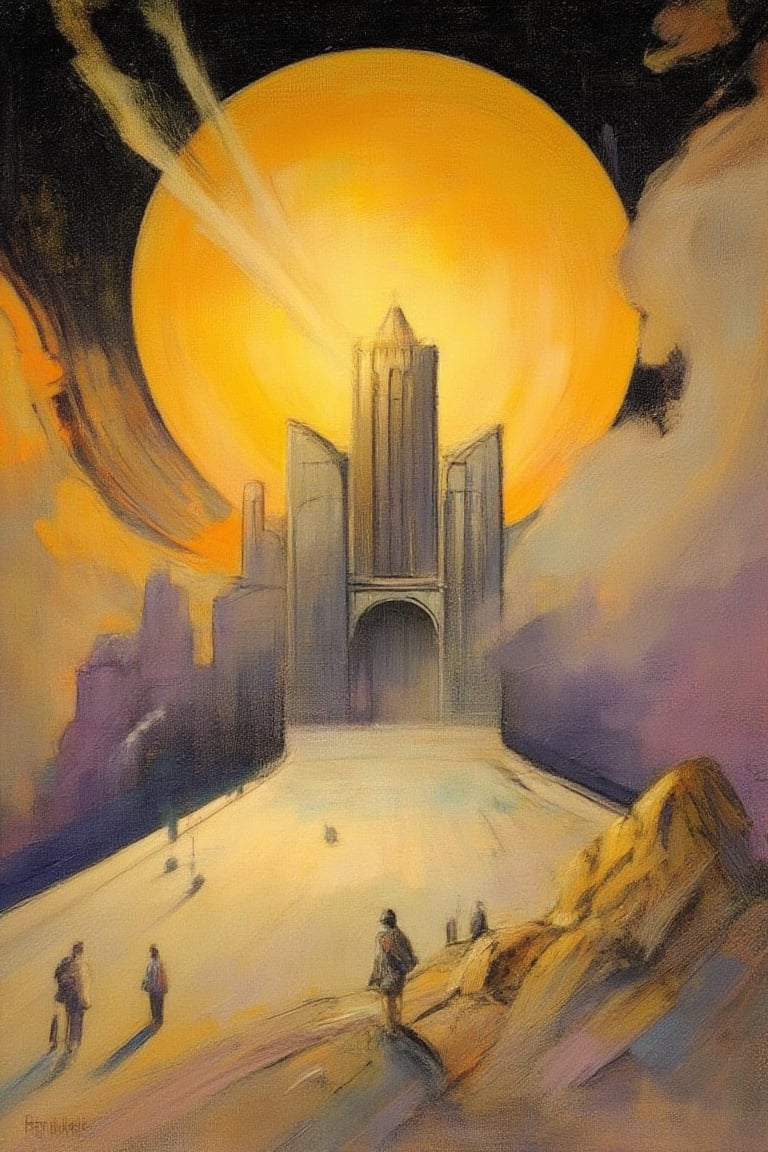 "Create a minimalist image in the style of landscape art and art nouveau, using a dry brush technique and emphasizing the vastness of Paul Chadeisson's designs and the style of René Magritte.", "The scene is set at sunset, with warm, golden hues casting a gentle glow over the architecture, enhancing the tranquil and refined atmosphere. Depict a vast, expansive space scene with breathtaking scale against a grand, immersive outer space background. Feature a massive structure that features simplified forms and geometric shapes, emphasizing clean lines and smooth surfaces. A restrained color palette with neutral tones and minimal accents creates a cohesive and sophisticated look. Unnecessary embellishments are removed, focusing on functionality and clarity. Increased negative space provides a sense of airiness and lightness. High-quality, natural materials with simple finishes add elegance. Proportion and balance ensure harmony, while subtle textures and details add depth without overwhelming the design's simplicity.", "People walking"
