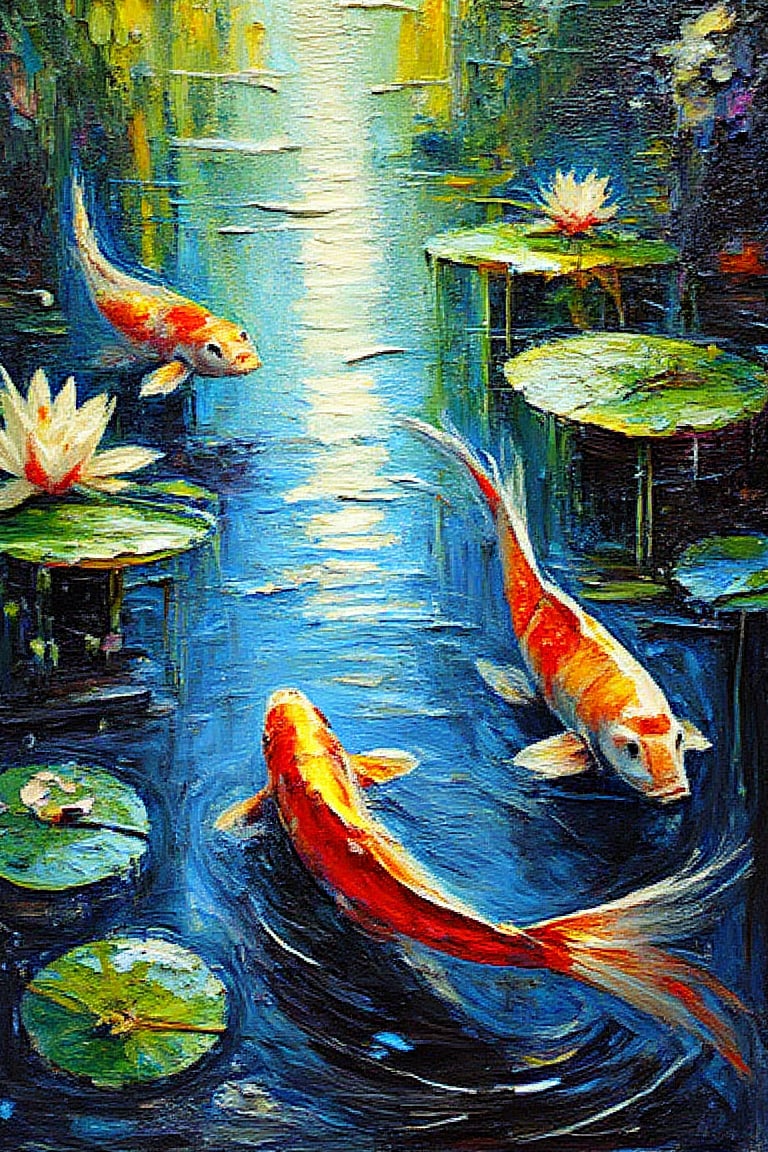 "In a surreal, expressionist style", A tranquil koi pond with lily pads, depicted through heavy impasto brushstrokes. The thick application of paint adds texture and depth to the scene, bringing the koi fish and lily pads to life with rich, vibrant colors. The koi seem to move fluidly beneath the surface, while the impasto technique gives the water and lily pads a tactile, almost three-dimensional quality. The bold, expressive brushwork emphasizes the natural beauty and calmness of the scene, with the texture adding a dynamic contrast to the peaceful subject matter.