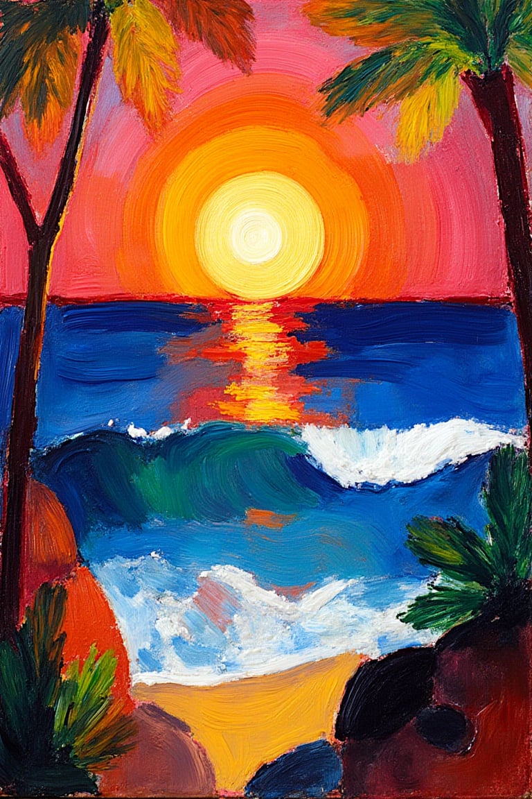 "A fine art oil painting in the style of August Macke's Fauvism, depicting a sunset over the ocean and beach. The sun's edges are softened to create a more natural glow, blending smoothly into the sky. The waves are enhanced with subtle highlights along their crests, adding detail and movement. The foliage in the foreground features color variations to reflect light and shadow, while the midground elements, such as rocks, are given increased contrast for added depth. The overall composition maintains a sense of vibrancy and atmosphere, with expressive brushstrokes and bold colors."