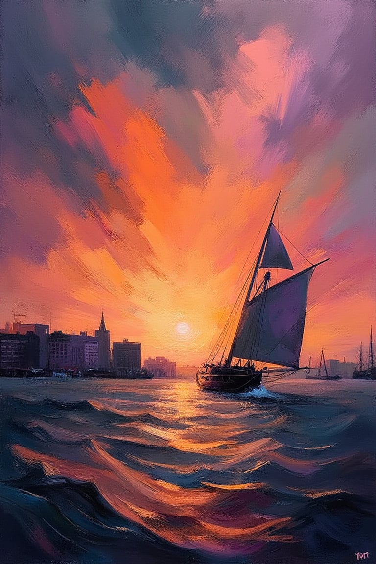 "Stormy harbor with a brigantine sailboat coming into the harbor, depicted in a semi-abstract oil painting style with bold, dramatic brushstrokes and angular shapes. The palette consists of natural sunset colors with deep oranges, pinks, purples, and hints of soft reds, balanced with dark blues and grays. The foreground shows the turbulent water with subtle reflections of the sunset, while the background is a dramatic mix of warm oranges and purples, suggesting a stormy yet calming sunset. A brigantine sailboat is visible in the distance. The lighting features strong contrasts between light and dark, creating dramatic but more natural shadows. Prominent textures still enhance the tension in the scene. The composition remains asymmetric and dynamic, capturing the tension, anticipation, and subdued beauty of the harbor at sunset."