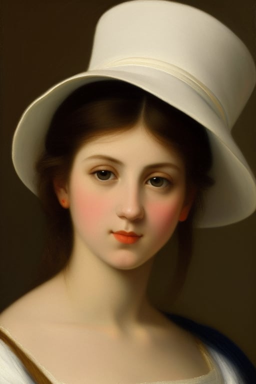 (masterpiece), Create a painting in the style of Raphael and High Renaiissance. Feature a young woman with dark hair, white hat, the aesthetic considerations of line, color, and form, and emphasize figurative art. Highly detailed face with straight, beautiful nose, clear, beautiful eyes, and smooth skin. Use fully saturated colors.",classical realism