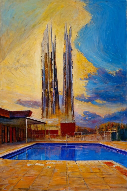 "a modern, abstract, surrealist painting, an imaginative and hyperrealistic oil painting emphasizing the style of Salvador Dalí and Ian McQue.", "The overall effect is a blend of impressionism and abstraction, creating a rich, immersive setting that complements the extremely sharp focus on the above-ground swimming pool in the foreground. This pool, weathered by time and the elements, stands as a testament to the passing of seasons and memories of summer days. The scene should feature an over-sharpened focus on the pool, highlighting its faded colors, chipped edges, and the slightly murky water with exaggerated clarity and detail. The lighting should come from behind the viewer, casting early morning sunlight that creates long, gentle shadows and a warm, golden glow over the scene. In stark contrast, the background should also be in extreme sharp focus, featuring futuristic skyscrapers with sleek glass facades and many broken windows and shattered glass, creating a surreal and dystopian juxtaposition. The atmosphere should still be somewhat ethereal and dystopian, with all elements rendered in precise, hyper-detailed realism. The colors in the background should include shades of rich, vibrant hues with dramatic contrasts, featuring deep, earthy tones and vivid highlights, blending seamlessly with cooler hues like blues and greys. Use this blend of subdued and bold colors to emphasize the gritty nature of the scene. The overall scene should evoke a sense of quiet solitude and nostalgia, capturing the ethereal beauty and timeless quality of the weathered swimming pool amidst an abstract, futuristic landscape, with every detail intentionally over-sharpened to enhance clarity and visual impact."