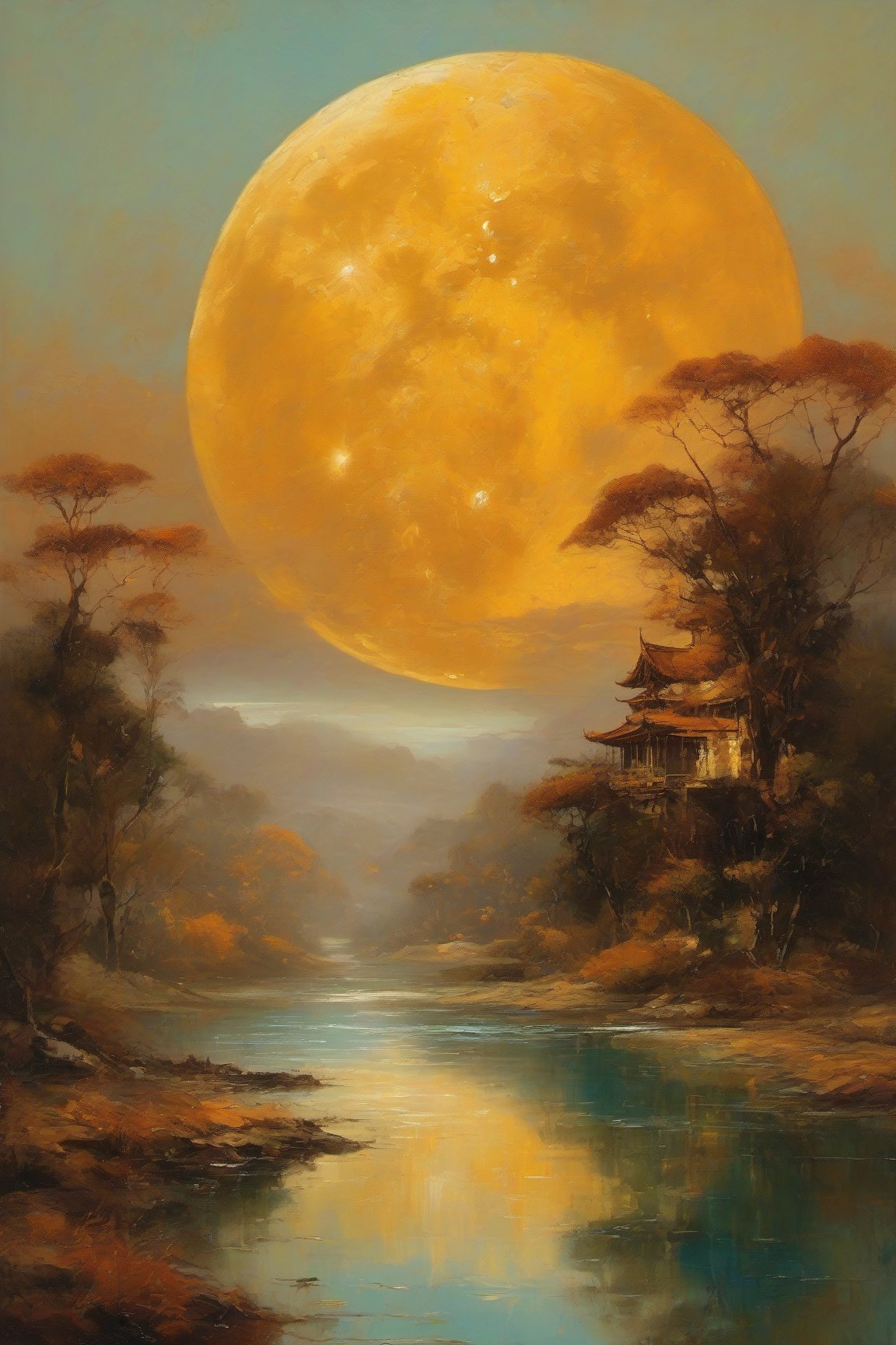 "A surreal, futuristic landscape at dusk with a massive, luminous golden moon dominating the sky, casting a warm glow over everything. The moon should be sharp, detailed, and prominent in the foreground. The background should transition into an abstract, painterly environment featuring indistinct forms and shapes suggesting a Tibetan monastery, rendered in a loose, impressionistic style to emphasize mood and atmosphere over detailed realism. The atmosphere should be hazy and diffuse, with the haze or fog being whiter, creating an ethereal and somewhat dystopian feel. Use balanced colors primarily from a palette of grays, blues, and greens to create depth and atmosphere, while incorporating rust-orange, rust-red, rust-brown, rust-yellow, rust-gold, rust-gray, rust-beige, rust-copper, rust-tan, burnt sienna, raw umber, burnt umber, and yellow ochre for accents. These earthy tones should depict worn, weathered, and aged appearances. Incorporate small, distinct accents of rusty orange-yellows and rusty teals to highlight specific areas and enhance visual interest. Ensure the painting blends impressionism and abstraction seamlessly, creating a rich, immersive setting. Utilize Unreal Engine, Octane Render, Hyper Realistic, Cinematic, Epic, and Matte Painting techniques to achieve a high-quality, detailed, and visually striking result."