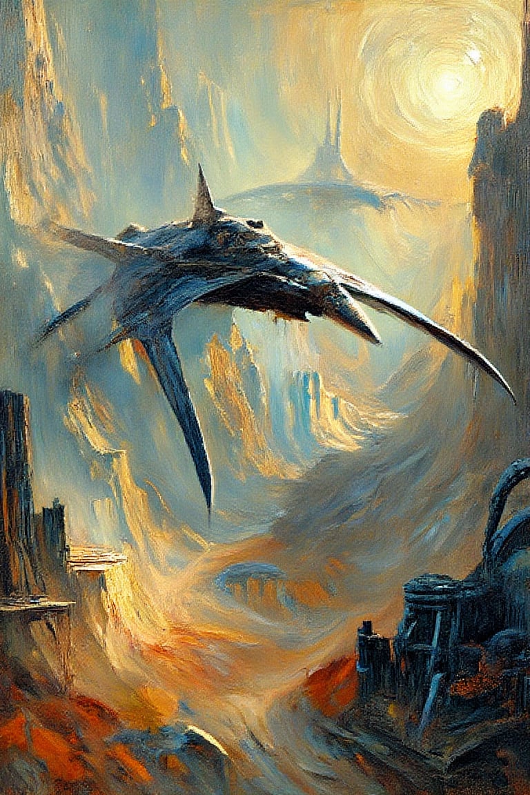 "In a surreal, impressionist style and Luis Royo.", "The background in this image features an abstract, painterly environment with a combination of warm and cool tones. The atmosphere is hazy and diffuse, contributing to an ethereal and somewhat dystopian feel. The colors in the background include muted shades of earth tones, blending seamlessly with cooler hues like blues and greys. There are indistinct forms and shapes that suggest industrial structures and possibly other vehicles or equipment, but they are rendered in a loose, impressionistic style that emphasizes mood and atmosphere over detailed realism. The brushstrokes are bold and textured, adding depth and movement to the scene. The overall effect is a blend of realism and abstraction, creating a rich, immersive setting that complements the worn and battle-hardened appearance of the futuristic aircraft in the foreground."