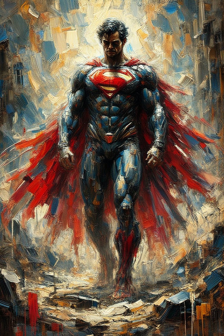 In the style of Andy Park. The overall effect is the imaginative and hyperrealistic depiction of the ripped, tattered, and battle-worn appearance of superman and dystopian landscape, characterized by intricate line work and dynamic composition. The image is hyperrealistic, with an extraordinary level of detail that makes it almost indistinguishable from a photograph. Every texture, shadow, and highlight is meticulously rendered, creating a lifelike and immersive visual experience. The scene should feature a realist selective focus on superman. Color palette blends muted, earthy tones with vibrant accents, enhancing the depth and atmosphere of the scene