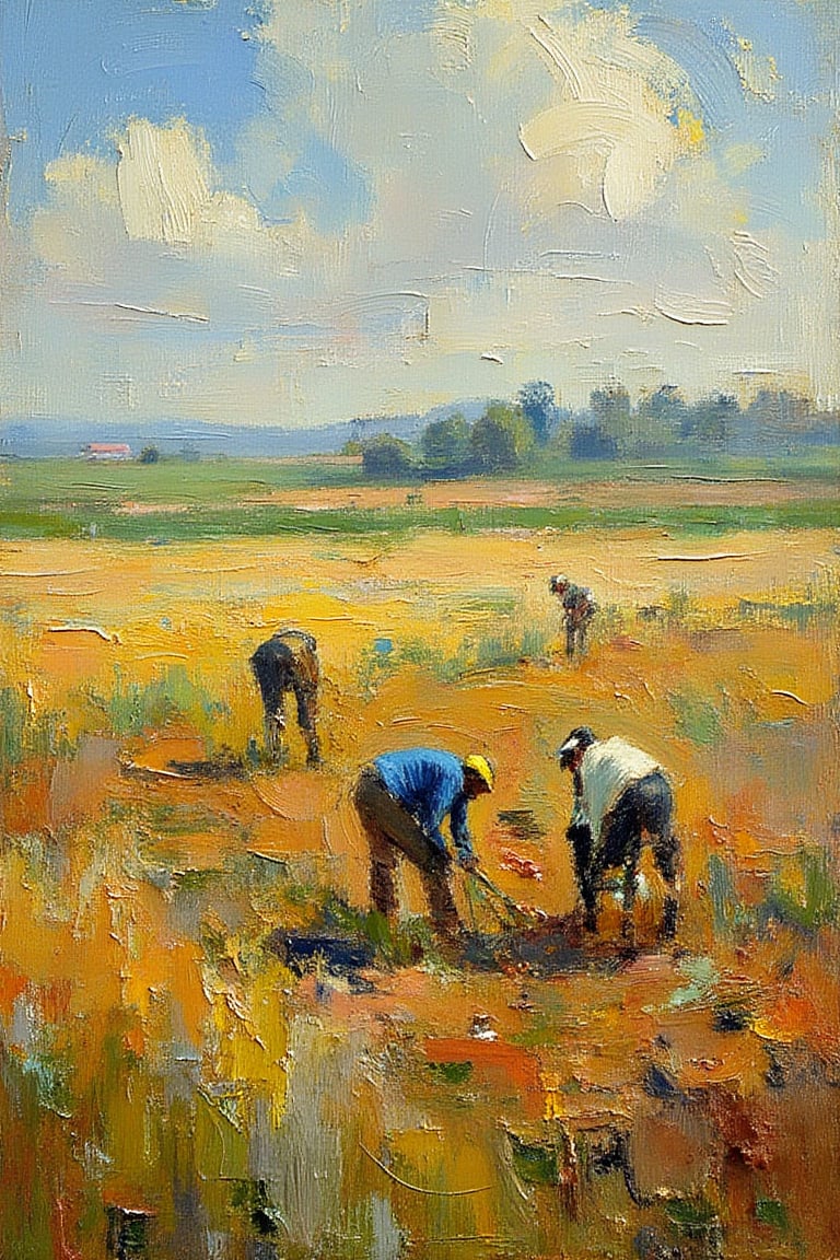 Impressionism, in the style of Frank Weston Benson, "Field with workers planting crops, Medium-thick impasto for the soil and plants, with indistinct human figures bending over the fields, created with rough, abstract impasto strokes. A small number of workers/human figures.", detailed, (extremely sharp:1.2), (high-definition:1.2), (clean, crisp edges:1.2), (ultra-sharp textures:1.4), (focus on fine details:1.2), (perfect clarity:1.2), (oil painting:1.4)