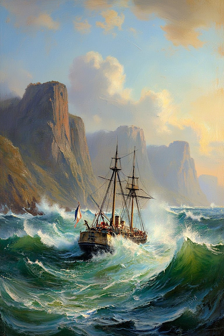 "A dramatic maritime scene featuring a 19th-century steamship navigating through rough seas with large, churning waves. The ship has visible masts and smokestacks, and a flag is fluttering in the wind at the stern. The vessel appears to be struggling against the force of the ocean, with water splashing around its hull. In the background, towering rocky cliffs rise sharply, creating a rugged coastal landscape. The sky is partially cloudy, illuminated by the warm light of the setting sun, adding a sense of depth and contrast to the scene."