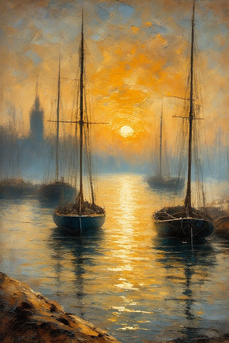 "An Art Nouveau style oil painting featuring a peaceful harbor scene. The artwork includes fine ink lines, liquid ink effects, paint splashes, and dynamic painting techniques with transparency. The scene focuses on a detailed close-up of a graceful small sailboat anchored in a calm harbor at sunset. The sails are furled. The boat is shown with intricate details and sharp, realistic lines against a backdrop of tranquil waters and a setting sun. The art is depicted on vintage, cracked paper with tiny, beautiful, and magical details, evoking a sense of peace and nostalgia. The composition showcases detailed textures, high quality, high resolution, and high accuracy, with realistic color correction and proper lighting settings for a harmonious composition."