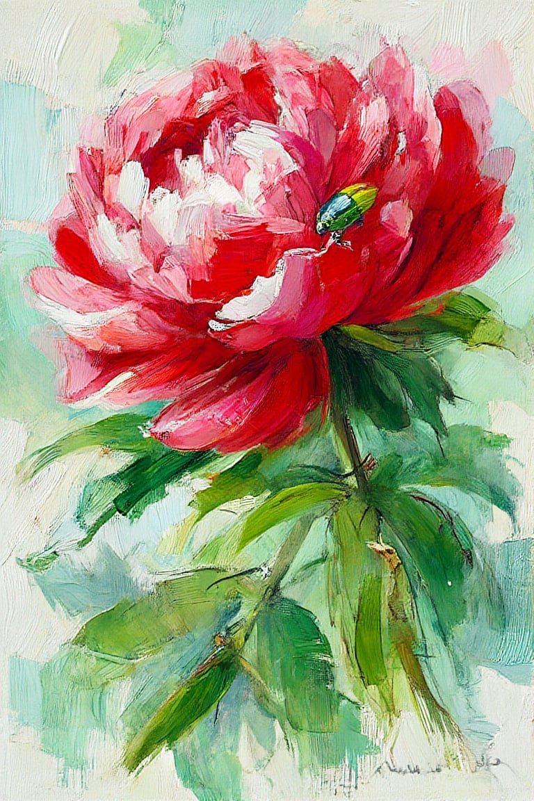 In an abstract impressionist style with thick impasto brush strokes, the scene depicts a vibrant red and white peony flower (Pivoine Double). The flower is painted with bold, textured strokes, capturing its petals in thick layers of red and white, creating a sense of depth and movement. The lush green leaves surrounding the peony are rendered with broad, sweeping strokes, their textures emphasized by the impasto technique. A small insect, abstracted into simple shapes and colors, rests on one of the petals, adding a playful detail to the composition. The light, minimal background is created with soft, blurred brushstrokes, allowing the flower to stand out vividly. The overall effect is dynamic and expressive, with the heavy brushwork evoking the peony’s natural beauty in a tactile and vibrant manner.