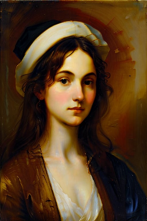 (masterpiece, drop_shadow, subsurface scattering), oil painting, portrait, in the style of the high enaissance and raphael, "A young woman with dark hair, white hat", impasto brush strokes