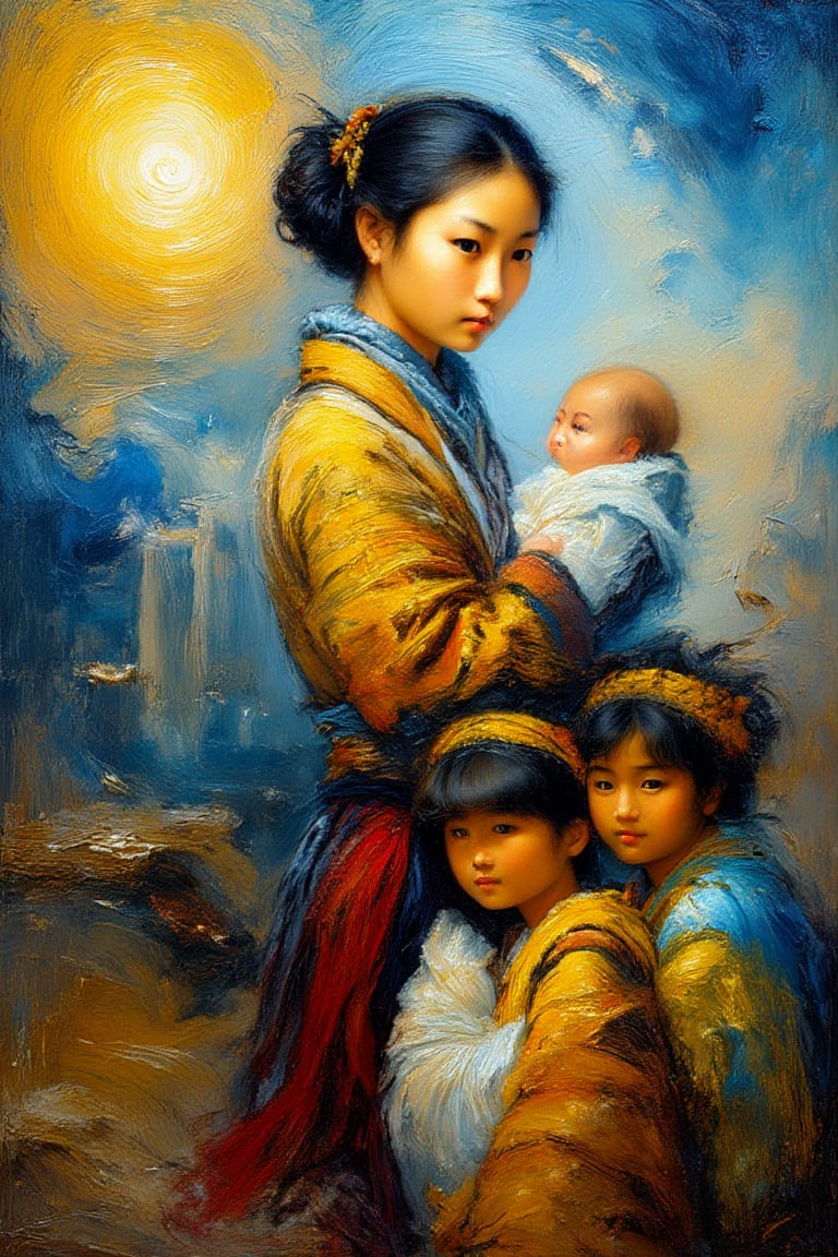 "Create a surreal abstract expressionist image featuring an Asian woman with a bun hairstyle. She is moving her children to a new location. She is holding a baby, standing on a rooftop with three young children dressed in traditional clothing. The background should depict an urban cityscape with buildings in the distance, but transformed into a dreamlike, abstract landscape with distorted and exaggerated shapes. Include elements of surrealism, with fluid, swirling colors and abstract formations. The overall composition should evoke a sense of nostalgia and surrealism, with bold, dynamic brush strokes, fully saturated colors, and a focus on emotional intensity and subjective interpretation."