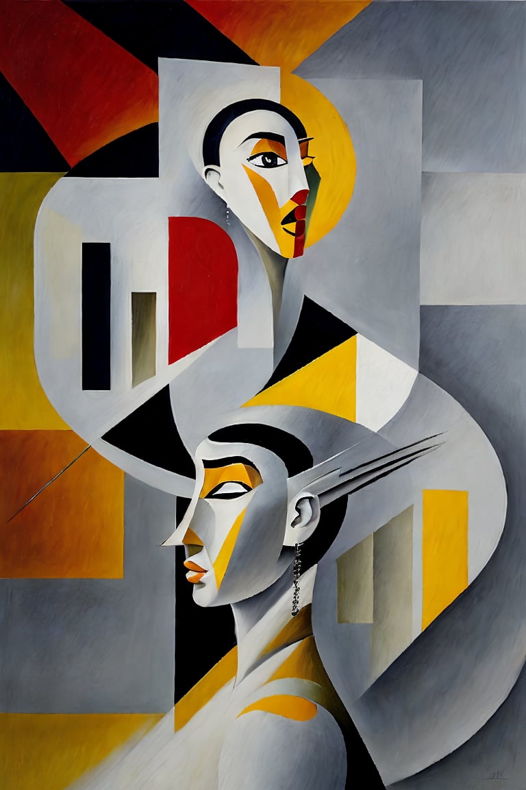 side profile view, (modern, surreal, abstract cubist style:1.3), hard-edge painting using a glazing technique of a large grey stork with closed eyes that evokes admiration, curiosity, pleasure of discovery