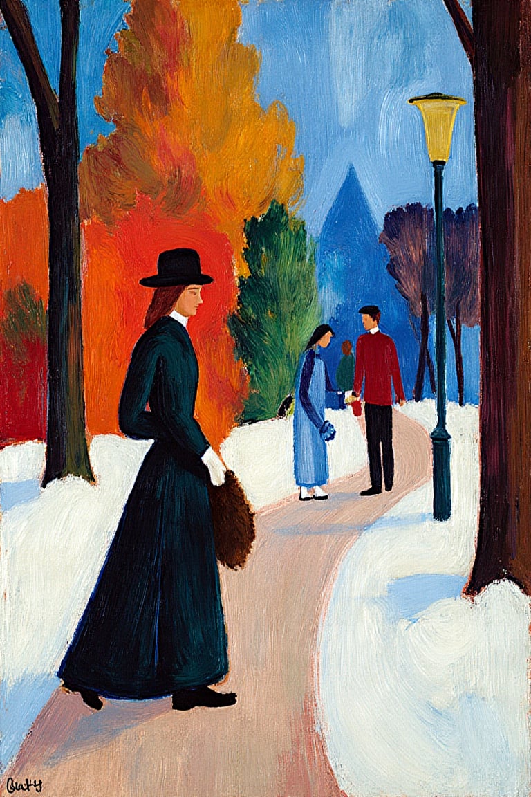 "Bold, expressive, (vivid colors:1.4), (dynamic brushwork:1.3), (simplified forms:1.3), (textured strokes:1.2), (color-driven composition:1.4), (oil painting:1.4), Fauvism, in the style of August Macke. A winter scene in an urban park, featuring people dressed in simplified late 19th-century attire walking on a snow-covered path. The central figure is a woman wearing a long skirt, jacket, and a hat, holding a fur muff, with other figures scattered in the background. The composition uses bold, non-realistic colors to depict the snow and figures, evoking emotional depth and warmth despite the winter setting. The trees and lamp post are rendered with expressive, exaggerated colors, creating a lively and abstract atmosphere. The painting style emphasizes bold colors and emotional expression over realistic detail, capturing the essence of the scene through vibrant hues and spontaneous forms."