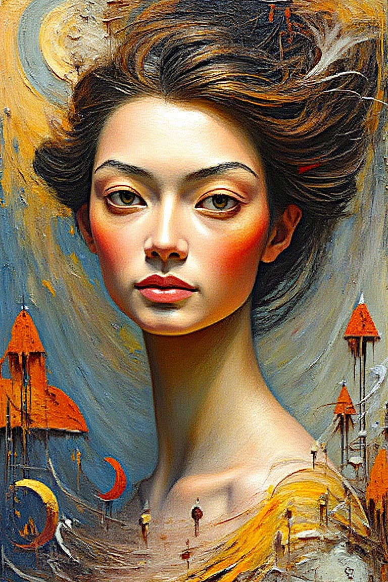 "In a surreal, impressionist style", "A full-body sculpture of a young, beautiful woman surrounded by symbolic objects, inspired by surrealist themes. Her face is smooth, with soft, natural skin tones in shades of peach and beige, and her delicate features exude youth and beauty. Her soft gaze and eyes follow the viewer, adding an ethereal quality to her expression. Her hair appears windblown, flowing dynamically around her, adding a sense of movement and freedom to the scene. The background remains vibrant and expressive, filled with bold, textured strokes and abstract forms reminiscent of Salvador Dali’s surrealism. The contrast between her smooth, lifelike face and the dynamic, windblown hair against the surreal background creates a captivating blend of fantasy and reality. Inspired by artists like Sandra Chevrier and John Hoyland, the scene evokes timelessness and emotional depth."