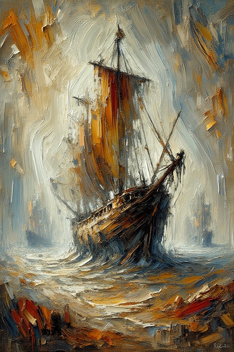 "The overall effect is a blend of impressionism and abstraction, creating a rich, immersive setting that complements the sharp focus on the (massive sailboat) in the foreground. This (massive sailboat), weathered by time and the elements, stands as a testament to endurance and exploration. The scene should feature an impressionist sharp focus on the (massive sailboat), highlighting its (massive sailboat). In contrast, the background should transition into an abstract, painterly environment. The atmosphere should be hazy and diffuse, contributing to an ethereal and somewhat dystopian feel. Indistinct forms and shapes in the background should suggest (several other ships and a few shadowy figures), rendered in a loose, impressionistic style to emphasize mood and atmosphere over detailed realism. The colors in the background should include shades of rich, vibrant hues with dramatic contrasts, featuring deep, earthy tones and vivid highlights, blending seamlessly with cooler hues like blues and greys. Use this blend of subdued and bold colors to emphasize the gritty nature of the scene. The overall scene should evoke a sense of quiet solitude and mystery, capturing the ethereal beauty and timeless quality of the weathered (massive sailboat) amidst an abstract, impressionistic landscape."