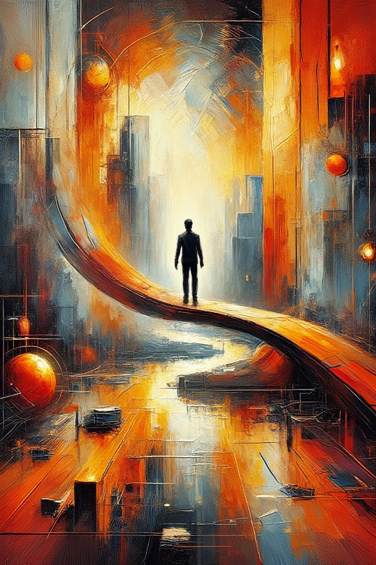 "In a surreal, impressionist style", This artwork features a minimalist human figure set within an abstract scene that symbolizes universal connections. The figure is rendered as a thin, linear silhouette, conveying the complexity and simplicity of modern life with minimal detail. Surrounded by geometric shapes and vibrant colors, the figure appears to seek harmony and balance within the larger universe. The composition is dynamic and bold, using warm hues like orange and red, balanced by thin, white and black lines. Layers of color overlap, creating diverse textures—from thick, oil paint strokes to glossy metallic surfaces and flat matte areas.