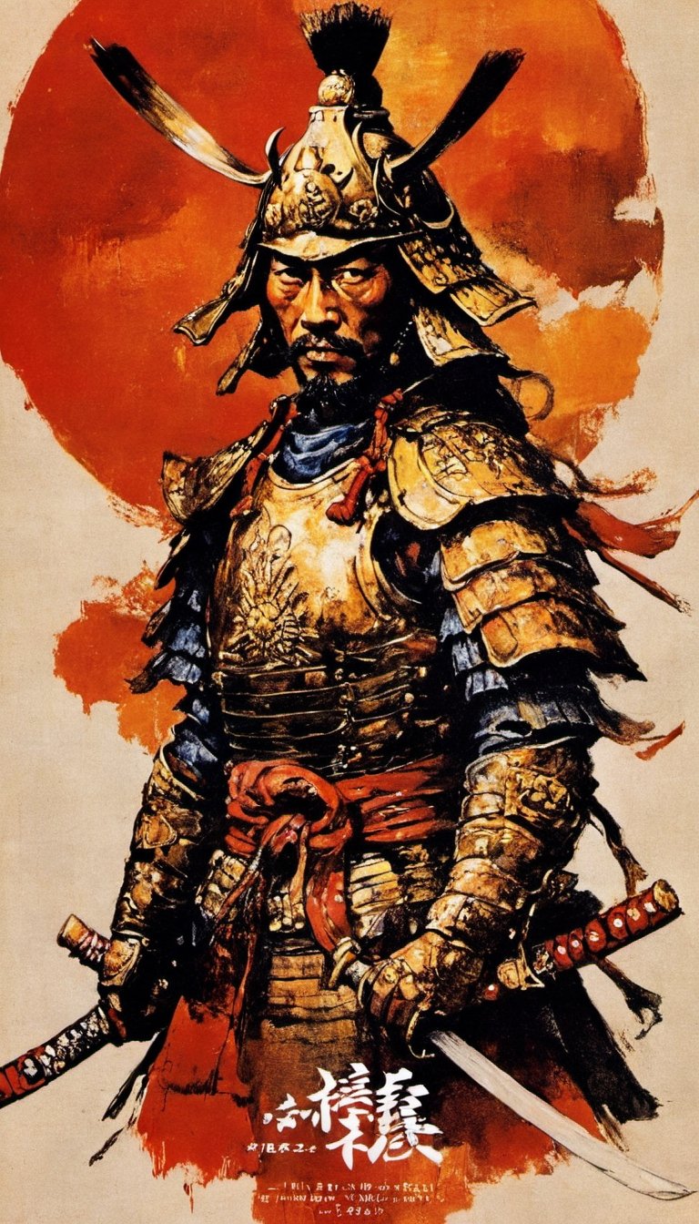 A fierce samurai stands clad in intricately crafted traditional armor adorned with golden accents. The helmet, highlighted by an elaborate golden front crest, exudes a sense of regality and strength. The artist skillfully employs bold brushstrokes to depict the samurai, conveying both the fine details of the armor and the dynamic energy of the scene.,Movie Poster,japanese art,fr4z3tt4 