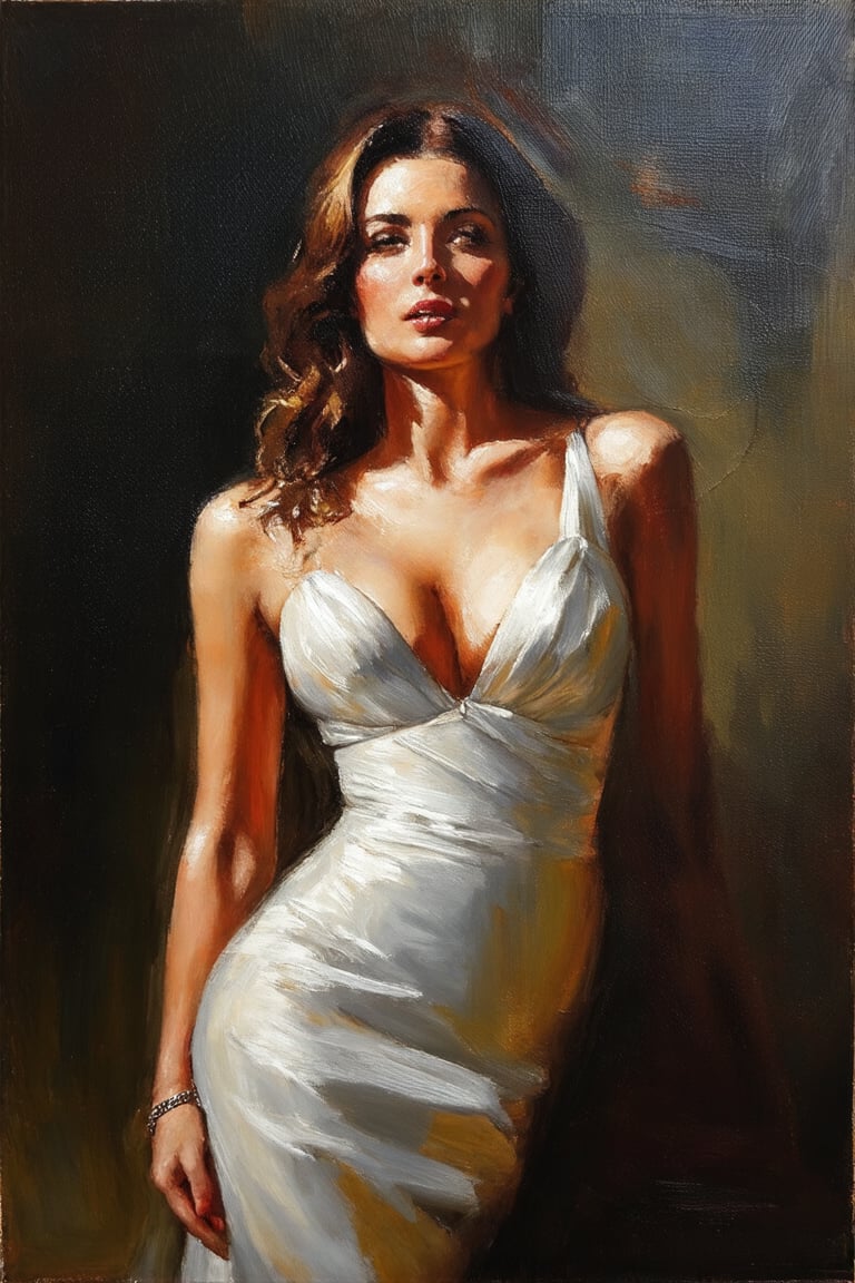 Create a high-contrast, fine art oil painting of a woman in a glamor pose. The image should capture the woman's elegance and beauty in a distinctive way. Ensure the figure has clean, defined edges and a simplified background to keep the focus on her contours and structure. Use photorealistic details with a high level of sharpness to enhance the edges, making them clear and distinct. Replicate the lighting of a classical painting, with the primary light source positioned to the upper left of the subject, creating contrasts between the illuminated areas and the shadows to add depth and drama. The overall style should be clear, with sharp lines and minimal noise.