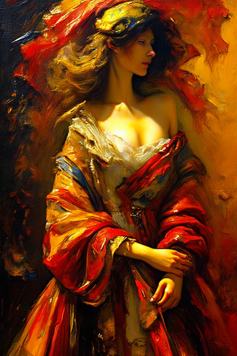 "In the style of Baroque art.", "Create an Encaustic Painting, with heavy, visible brushstrokes.", "(The subject should be a tall, skinny supermodel wearing haute couture clothing and designer jewelry:1.2)", "Use warm, vibrant colors with a focus on reds, oranges, and yellows. Use a mix of abstract and realistic elements. Make it dynamic and energetic, with a strong sense of movement. Incorporate themes and symbolism, related to nature and human experience. Use visible brush strokes and textures. Make it evocative, with a strong emotional and atmospheric presence., Ensure the scene is in sharp and clear focus., UHD, 8K"