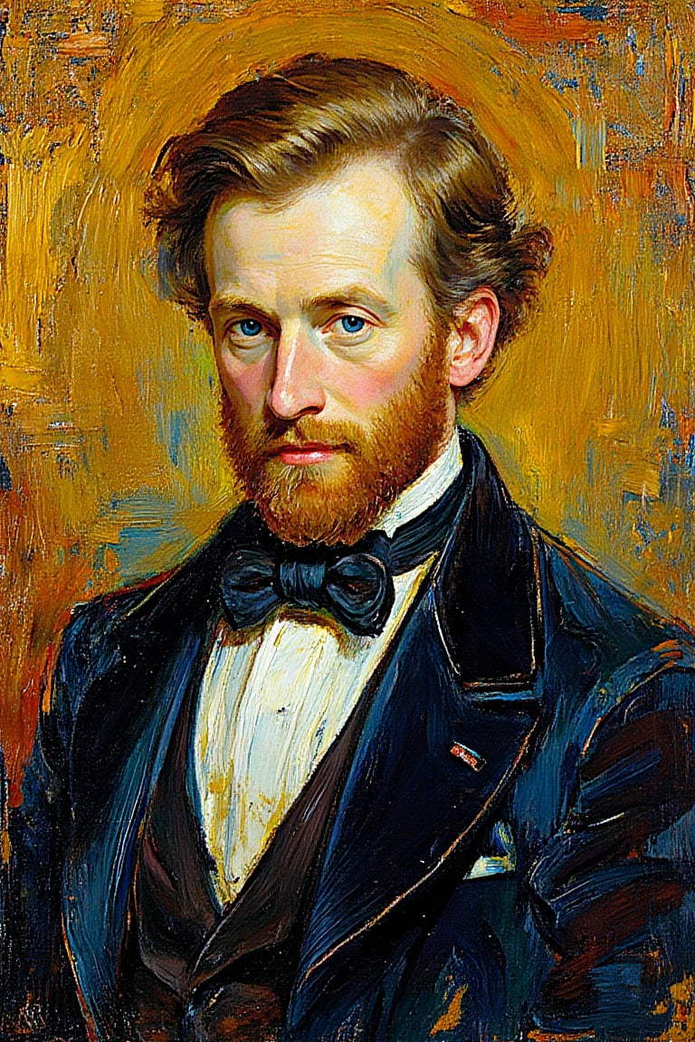 "Create a fine art oil portrait that blends the elegance of Jan Maurits Quinkhard's Rococo style with the expressive energy of Vincent van Gogh. The portrait depicts a man with a refined yet dynamic quality, featuring a combination of meticulous details and bold, textured brushstrokes. The man is portrayed against a richly textured background that incorporates swirling patterns and vivid colors, adding depth and movement while retaining a sense of opulence. The background consists of luxurious tones that evoke a classic Rococo atmosphere, but with Van Gogh's expressive style, bringing a lively, modern twist. Use a warm, harmonious color palette with strong contrasts of light and shadow to sculpt the facial features, balancing grace and intensity. The overall composition should capture the dignified charm of Rococo portraiture, infused with Van Gogh's bold brushwork and emotional resonance, resulting in a portrait that feels both sophisticated and full of life."