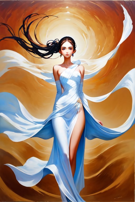 A beautiful woman stands amidst an abstract desert landscape, her flowing white dress dancing in the warm breeze. (heavy impasto brush strokes:1.0), Her serene expression is illuminated by a dramatic chiaroscuro, highlighting the delicate folds of her dress and the softness of her hair. Earthy tones of terracotta, sienna, and umber envelop the scene, with textured rocks and undulating sand dunes stretching out to infinity. The subject's elegant hairstyle and poised stance command attention, as the camera frames her against a striking backdrop of gradient blues and purples.