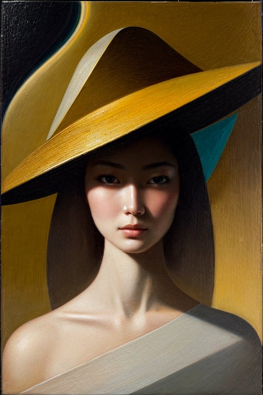 (masterpiece, ultra-high resolution, intricate details, sharp focus, crystal clear, vivid, high clarity, defined edges, ultra-sharp textures, crisp details, subsurface scattering), "a (modern, surreal, abstract:1.3) painting using dry brush techniques, of a beautiful chinese woman, soft gaze, eyes following, white alabaster skin, wearing a white dress, wide-brimmed floppy hat. Use a balanced palette of warm, earthy tones with some deep, rich accents. Apply dramatic chiaroscuro lighting to highlight the textures and depth of the painting. Emphasize the texture and depth by applying dry brushstrokes. Ensure sharp focus on all elements, crisp and clear details throughout. Render in UHD, 8K resolution.", (extremely sharp:1.2), (high-definition:1.2), (clean, crisp edges:1.2), (ultra-sharp textures:1.2), (focus on fine details:1.2), (high contrast lighting:1.2), (perfect clarity:1.2), in the style of Jeffrey Catherine Jones,sks_surrealart