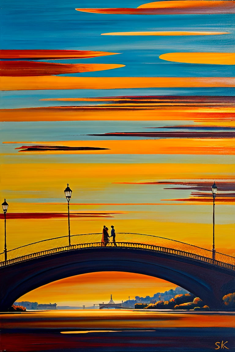 "Create an imaginative fine art oil painting of the Pont Alexandre III bridge in Paris on a bright, sunny morning. (modern, surreal, abstract expessionist:1.15). The scene should depict the bridge bustling with pedestrians, capturing the lively energy of the morning. Bright sunlight, vivid colors, high contrast, natural outdoor elements. The sunlight is soft yet bright, casting warm golden hues over the bridge and its surroundings. The sky is clear with a gentle gradient of light blues, and the Seine below reflects the morning light subtly. Use the oil painting style to depict the pedestrians with fluid, expressive brushstrokes, emphasizing their movement and the vibrant atmosphere of the day. The bridge itself should be detailed yet harmonious with the overall scene, with the ornate architecture illuminated by the morning sun. The colors should be vibrant but balanced.",sks_surrealart