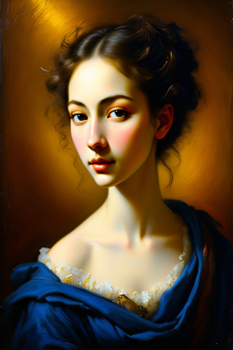 (masterpiece, vibrant colors, high contrast, dynamic lighting) "A fine art oil painting of a classically styled portrait, framed to show the upper body of the subject, including the head, shoulders, and part of the torso. The subject has a poised, introspective expression, with sharp focus on the face, particularly the eyes and bold red lips. The subject is dressed in a rich, deep blue draped fabric that elegantly wraps around the shoulders and upper body, creating a striking contrast against the subject's pale, smooth skin. The skin has a soft, luminous glow, enhanced with warm undertones that give it a radiant quality. The hair is styled in an elegant updo, with subtle highlights that catch the light. The background is a rich, warm gradient that complements the subject's complexion and adds depth to the composition. The lighting is dynamic and bold, originating from the upper left, casting warm, golden light that creates dramatic shadows and enhances the subject's features. The overall tone is vibrant, with deep, saturated colors and high contrast, emphasizing the subject's serene, contemplative mood while adding richness and depth to the image. Render the final image in HDR and 8K resolution for exceptional clarity, with balanced sharpness to ensure all details, including facial features and the draped fabric, are vivid and distinct."