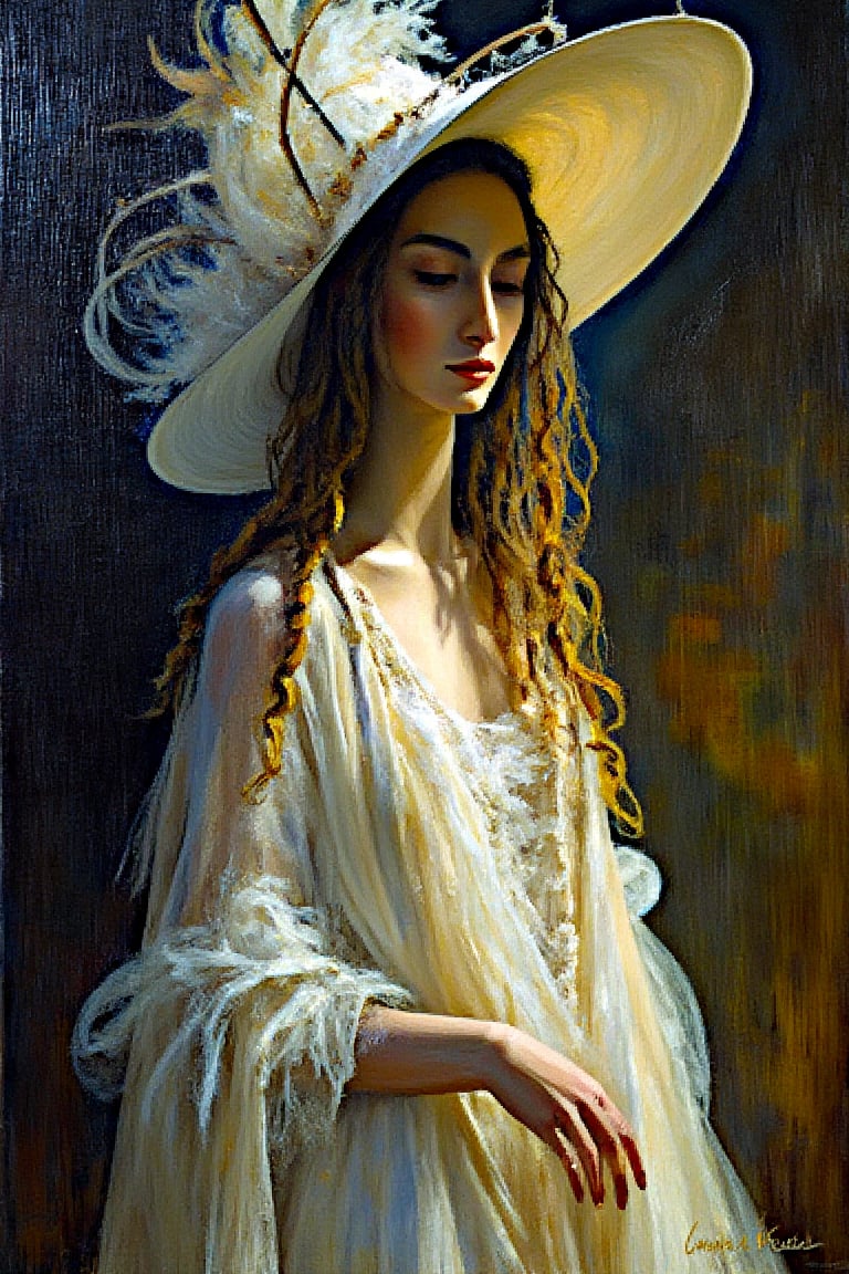 "Create a dramatic, richly detailed painting in the impressionist style, depicting a young woman with long, loosely curled hair illuminated by bold, directional lighting. She is dressed in an opulent white gown, with luxurious fabric draped in deep, voluminous folds that catch the light and emphasize texture and form. The woman wears an extravagant, oversized hat with elegant, sweeping curves, rendered with meticulous attention to detail. The lighting is intense, casting deep shadows and sharp highlights that sculpt her features, creating a dramatic chiaroscuro effect typical of the impressionist period. The background is richly textured and atmospheric, fading into shadow to further highlight the subject’s radiant presence. Her expression is poised yet expressive, conveying a sense of both grace and intensity. The overall composition is grand and theatrical, filled with movement and contrast, capturing the impressionist fascination with drama, emotion, and the interplay of light and shadow. The scene evokes a sense of timeless elegance and dramatic beauty, blending rich textures and vibrant contrasts to create a visually powerful work."