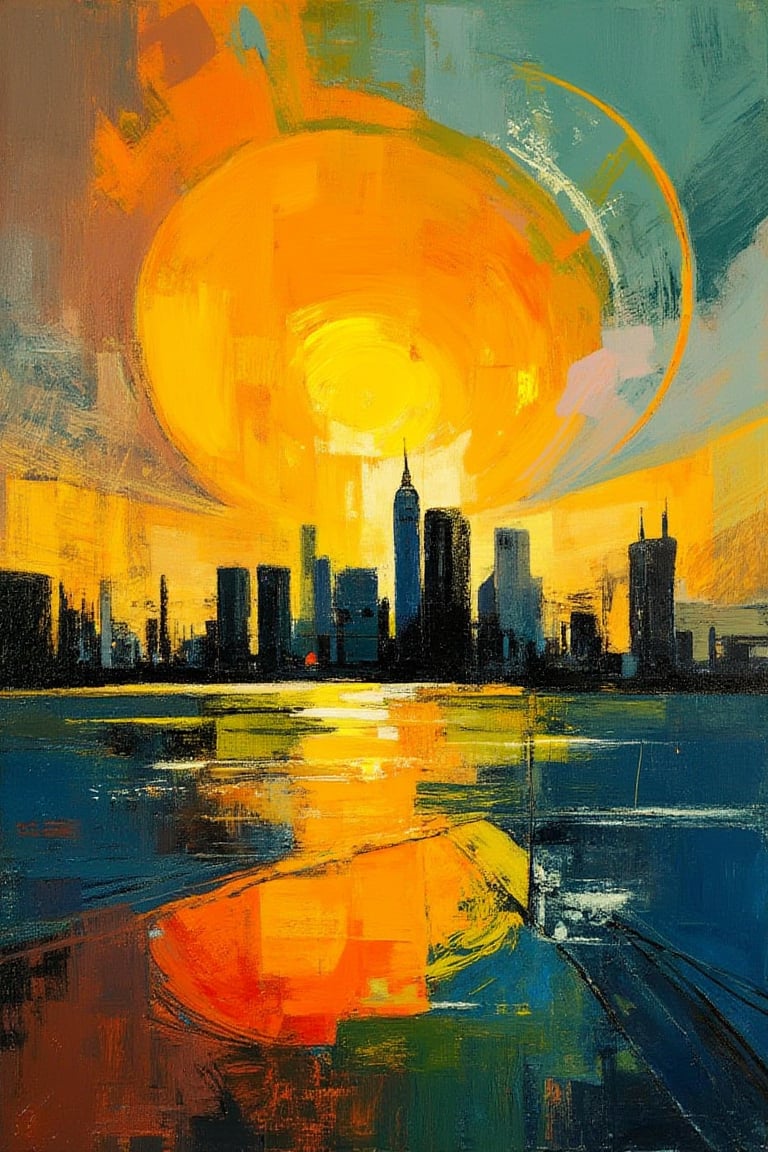 "In the style of contemporary abstract artists, create a fine art oil painting. The painting should be an abstract expressionist image of a spectacular sunset with a tiny city skyline on the distant horizon. Use bold, dynamic brushstrokes and a minimalist silhouette style. The color palette should consist of Burnt Sienna, Cadmium Yellow, Ultramarine Blue, and Sap Green, accented with touches of white and black. Enhance the city skyline silhouette with subtle detailing and increased definition. Ensure a smooth transition within the sky, creating a gradual color gradient for a cohesive visual flow. Incorporate depth and perspective into the reflections in the water, adding variations in color intensity and shadowing to achieve a three-dimensional effect. Introduce subtle cloud formations or variations in the sky, and add slight variations in texture to create a more dynamic and complex sky with nuanced details. Enhance the water with intricate detailing, adding nuanced color transitions and finer brush strokes to increase the realism and depth of the reflections. Create a more seamless blend between the sky and the horizon, introducing subtle variations in light intensity for a natural transition from the bright sun to darker areas."