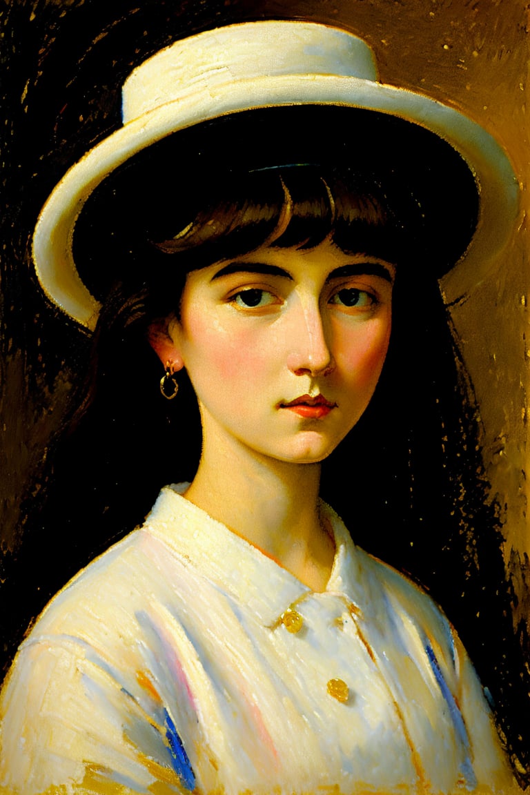 "Create a painting in the style of synthetism, Émile Bernard, and Paul Sérusier. Feature a young woman with dark hair, white hat, the aesthetic considerations of line, color, and form, and emphasize figurative art. Use fully saturated colors.", Realistic, impasto brush technique