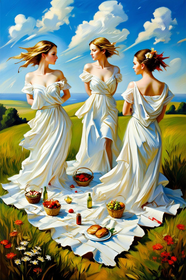 In a cubist style, the scene depicts three women in flowing white dresses, distorted and fragmented, having a picnic in a field. Their forms are exaggerated and dynamic, their dresses twisted and elongated, capturing an intense, chaotic energy. The blanket, once gently draped, now warps and curls over the uneven ground with aggressive, jagged brushstrokes, surrounded by abstract shapes of baskets, food, and drinks that seem to blend into the distorted landscape. The dresses, while still billowing in the breeze, are rendered in thick, impasto strokes, not only capturing the movement but imbuing it with a raw, emotional intensity. The field, vibrant with wild, untamed greens and sharp, erratic strokes of wildflowers, is illuminated by an almost surreal sunlight that casts harsh, exaggerated shadows, amplifying the tension in the scene. The once peaceful and joyful atmosphere is now charged with intensity, as the loose, aggressive brushstrokes infuse a sense of unrest and emotional depth into the composition. The environment and the figures blend together in surreal, abstract forms, creating a powerful, fragmented portrayal of an idyllic moment disrupted by underlying energy and movement.
