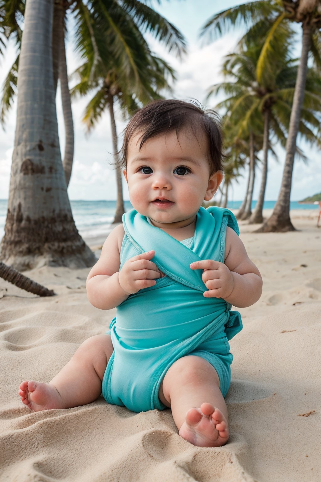 a baby boy age 6 months, seating on a beach side with coconut trees, baby wearing a sea green colour bottom ware, , warm diffused light . doing a perfect photoshoot. cinematic colour tone.