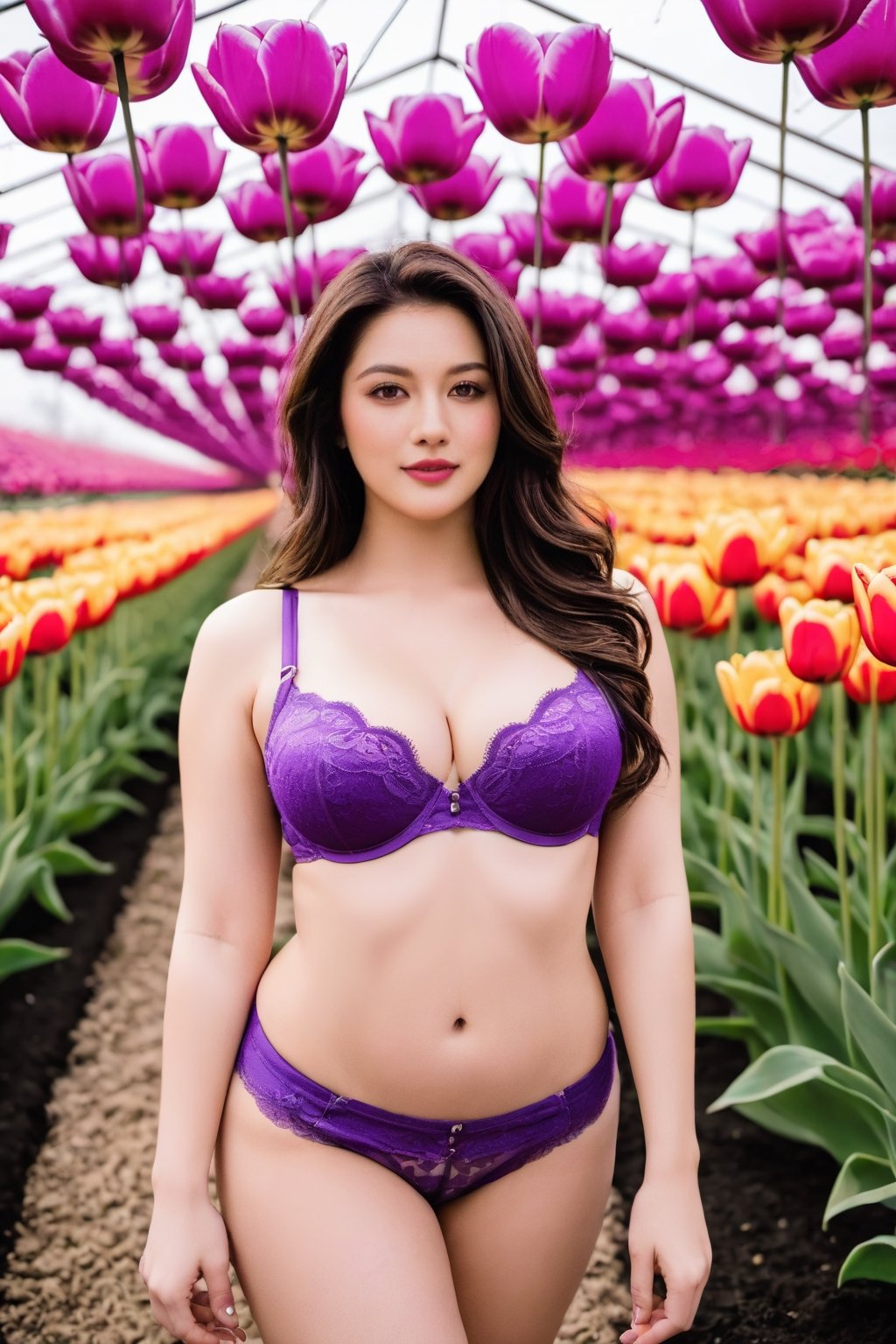 Big breasted girl, wearing purple bra, standing in tulip garden