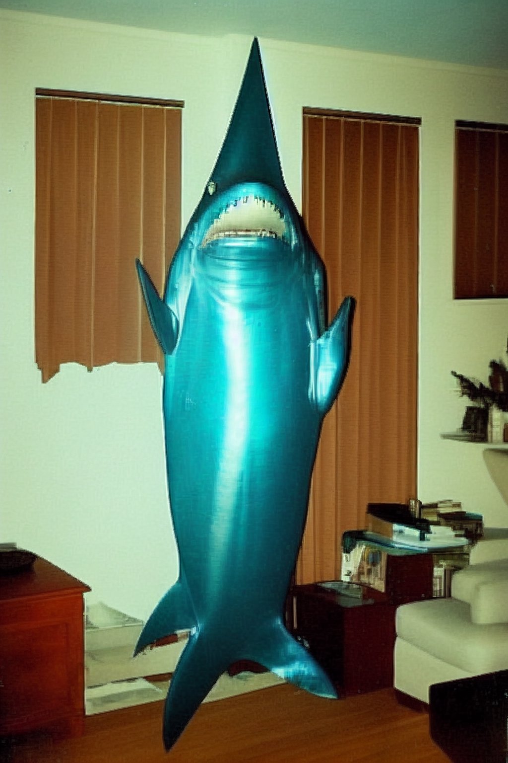 A man in an shark costume, standing in a living room, it's visible that it's just a costume, vintage photo