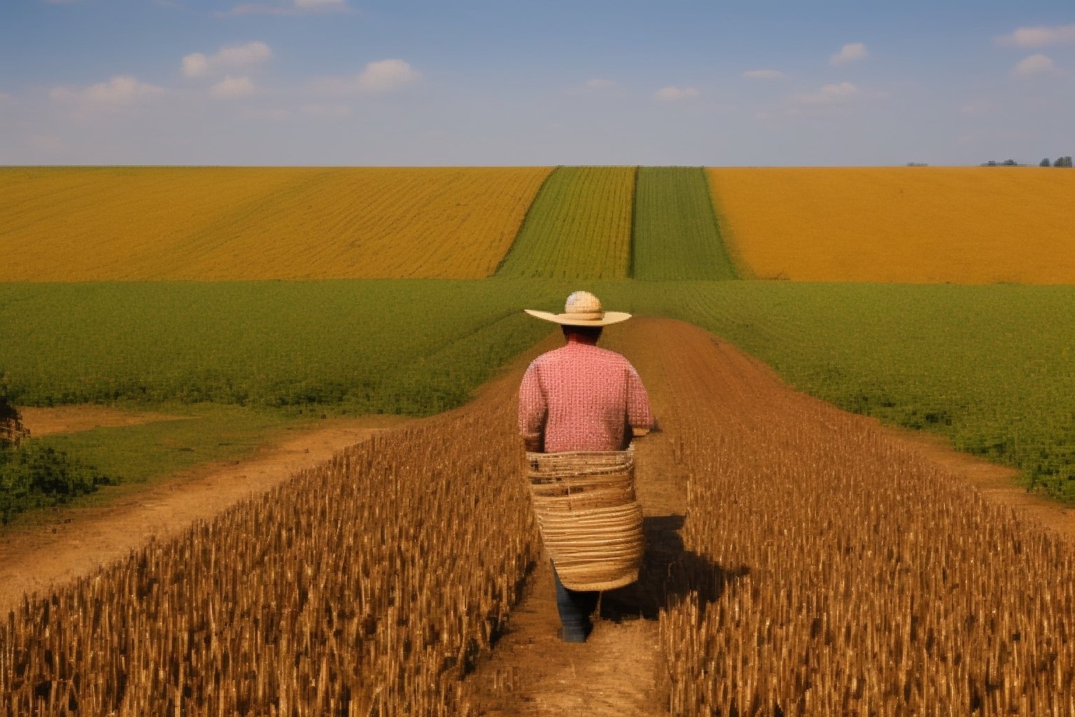 Capture the essence of a rugged farmer's unwavering labor in a photorealistic depiction of a man carrying a heavy sack of potatoes across a vast, sun-drenched field. The farmer's weathered face, etched with the lines of hard work and sun exposure, bears a resolute expression as he strains against the weight of the sack. His calloused hands, bearing witness to years of toil, grip the sack tightly, their veins bulging with exertion. The vibrant hues of the ripening wheat fields provide a warm backdrop to the scene, emphasizing the farmer's connection to the land. The artist's meticulous attention to detail, from the texture of the burlap sack to the intricate furrows of the plowed field, immerses the viewer in the rustic beauty of rural life.