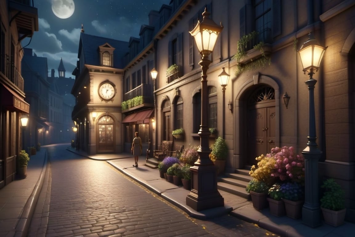 /imagine prompt: 3D Animation, personality: The city streets illuminated by glowing street lamps at night. A mysterious figure, an antique clock named Tempus, approaching Luminescence, Flora, and Filbert gathered under a streetlight, sharing a proposition about possessing immortality in their world. Unreal engine, hyper real --q 2 --v 5.2 --ar 16:9