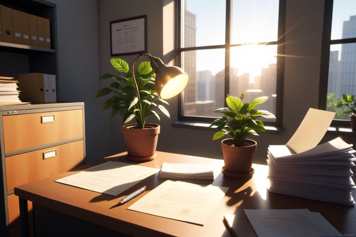 /imagine prompt: 3D Animation, personality: Inside a corporate office, a desk lamp named Luminescence hard at work, shining light on important documents for its owner, a stack of papers. A potted plant Flora sitting on the windowsill soaking in the sunlight, and a file cabinet, Filbert, rolling over with its drawers rattling slightly. Unreal engine, hyper real --q 2 --v 5.2 --ar 16:9
