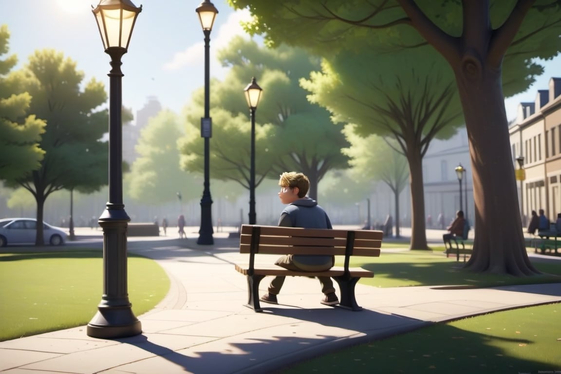 /imagine prompt: 3D Animation, personality: In a serene park, a bench named Ben sits under a tree, observing object-like humans passing by. A human-object, Harry, struggling to adjust to his new form and commenting on the absurdity of being a walking, talking lamppost. Unreal engine, hyper real --q 2 --v 5.2 --ar 16:9
