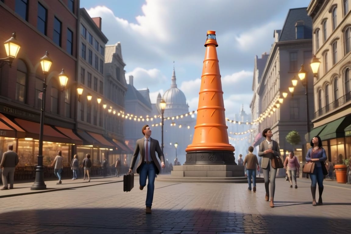 /imagine prompt: 3D Animation, personality: A bustling city square filled with objects going about their daily lives. A traffic cone with a briefcase striding past, a group of lively street lamps chatting and laughing, their lights flickering with excitement. In the center, a majestic statue standing tall, observing the unusual world. Unreal engine, hyper real --q 2 --v 5.2 --ar 16:9

