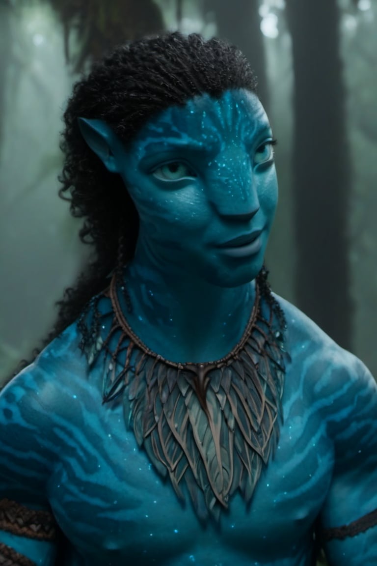 na’vi, ((Michael B. Jordan)), male, blue skin, teal eyes, wooden jewelry, black curly hair, ((forest:background)), ((closeup)), movie scene, freckles, detailed, hdr, high quality, movie still, visible tail, skin detail,ADD MORE DETAIL 