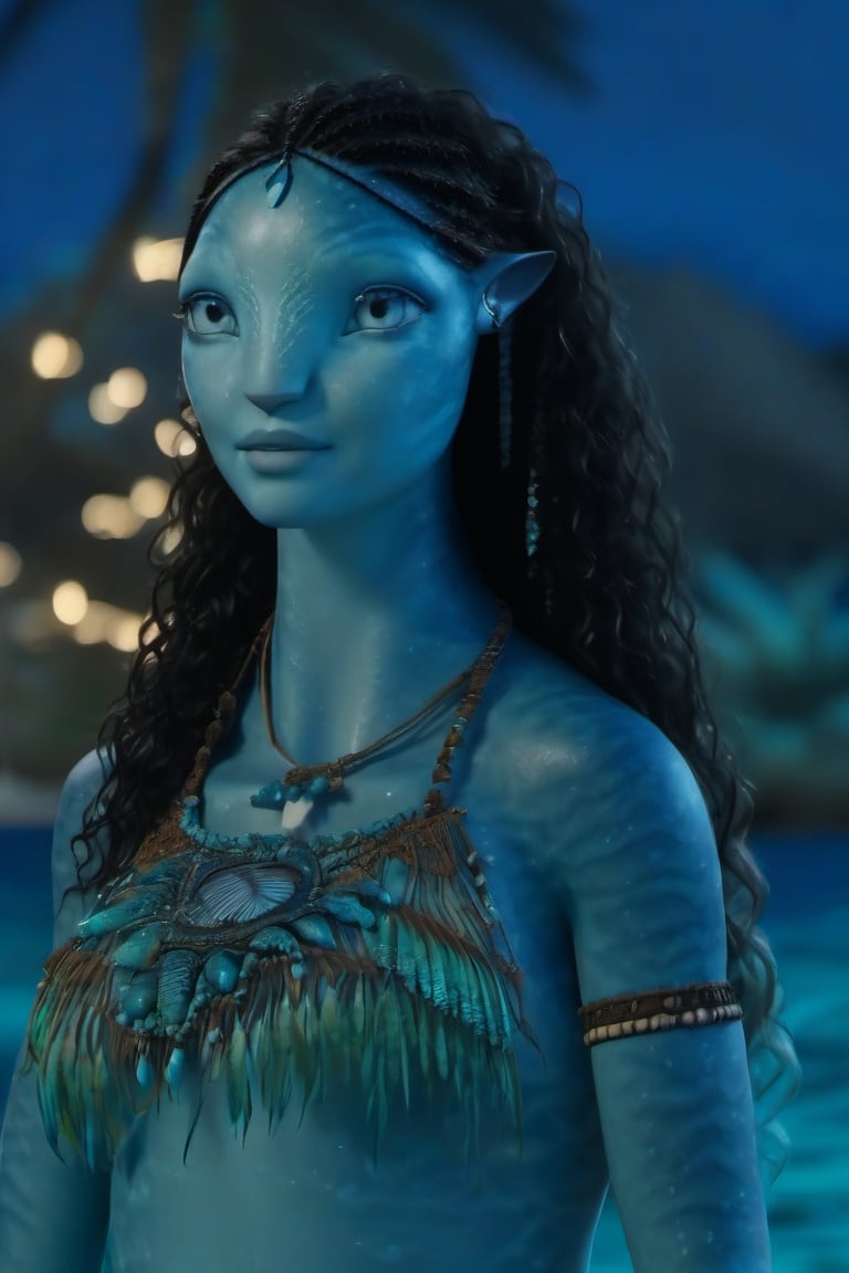 Beautiful na’vi, female, ((Jennifer Stone)), aqua skin, young, jewelry, black curly hair, blue eyes, ((beach bonfiire:background)), ((closeup)), ((night time)), movie scene, freckles, detailed, hdr, high quality, movie still, visible tail, skin detail, ADD MORE DETAIL 