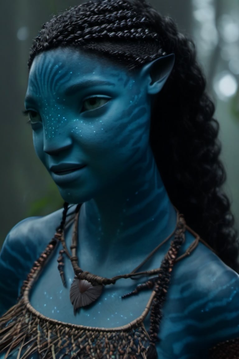 Beautiful na’vi, ((Laura Harrier)), female, grey blue skin, wooden jewelry, black braids, ((forest:background)), ((closeup)), movie scene, freckles, detailed, hdr, high quality, movie still, visible tail, skin detail,ADD MORE DETAIL 