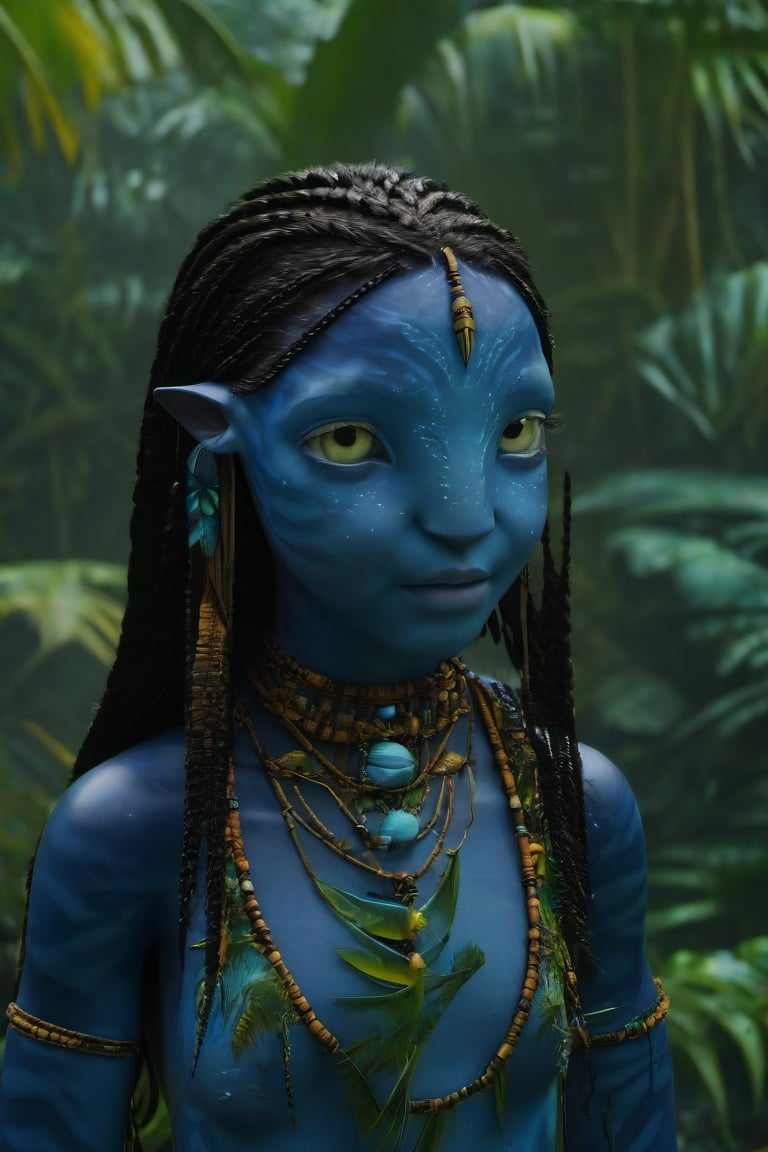 Beautiful na’vi, ((Jennifer Stone)), dark blue skin, child, jewelry, long black knotless braids, yellow eyes, earring, ((jungle:background)), ((closeup)), movie scene, freckles, detailed, hdr, high quality, movie still, visible tail, skin detail,ADD MORE DETAIL 